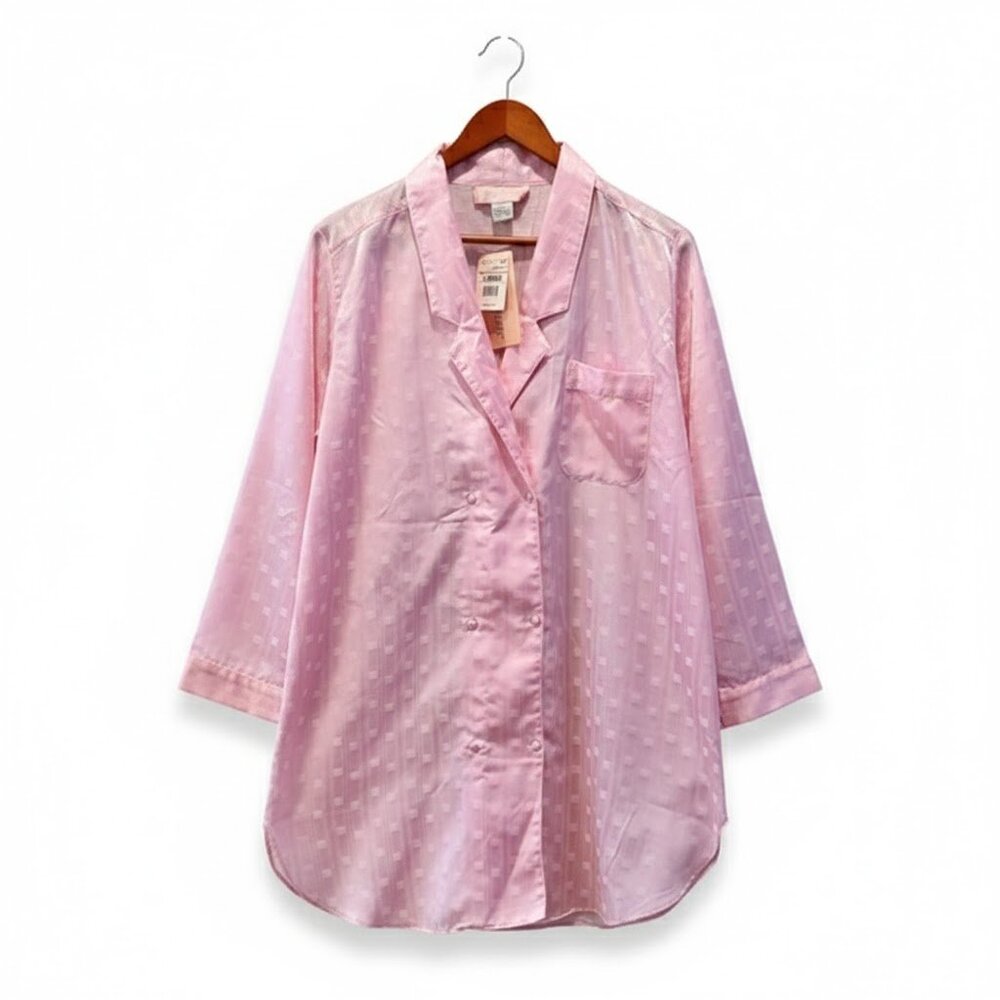 Vandemere NEW Vintage Pink Satin Nylon Button down Grandmillennial Sleepshirt, L